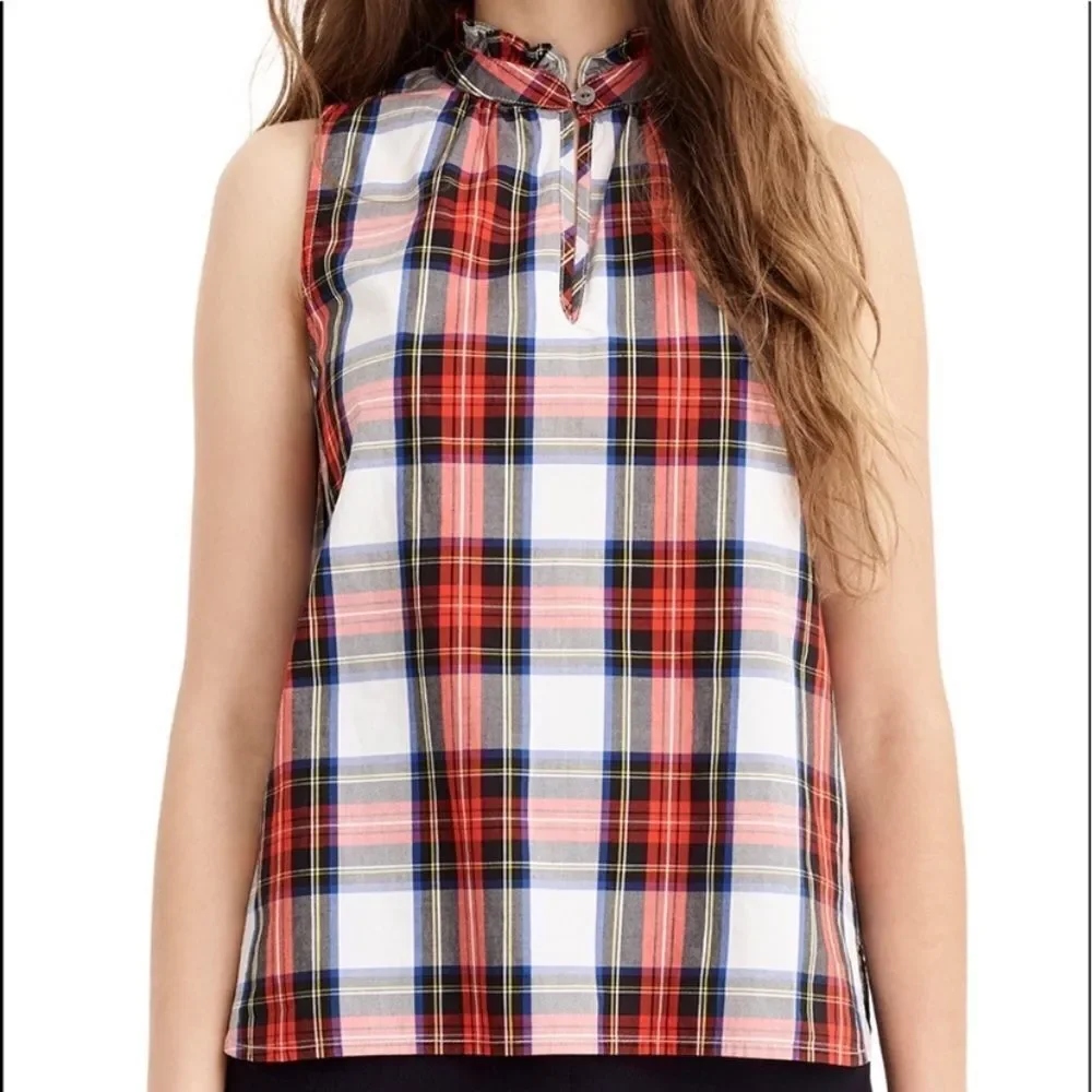 J. Crew Ruffle Plaid Sleeveless Mock Turtleneck Top Size 8